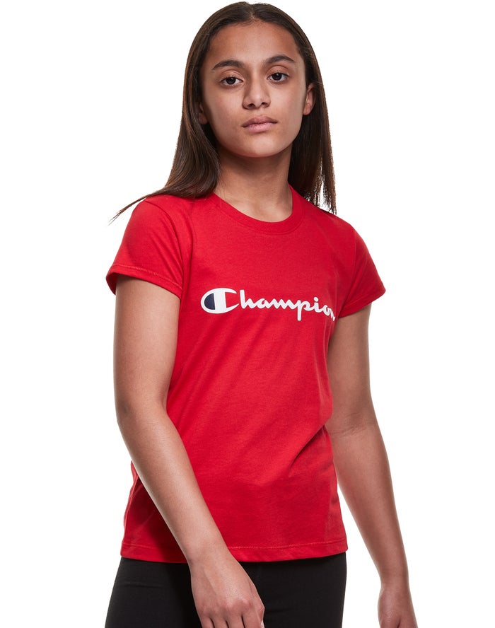 Champion Pige T-Shirts Rød - Classic Script Logo - Danmark FEB-904257